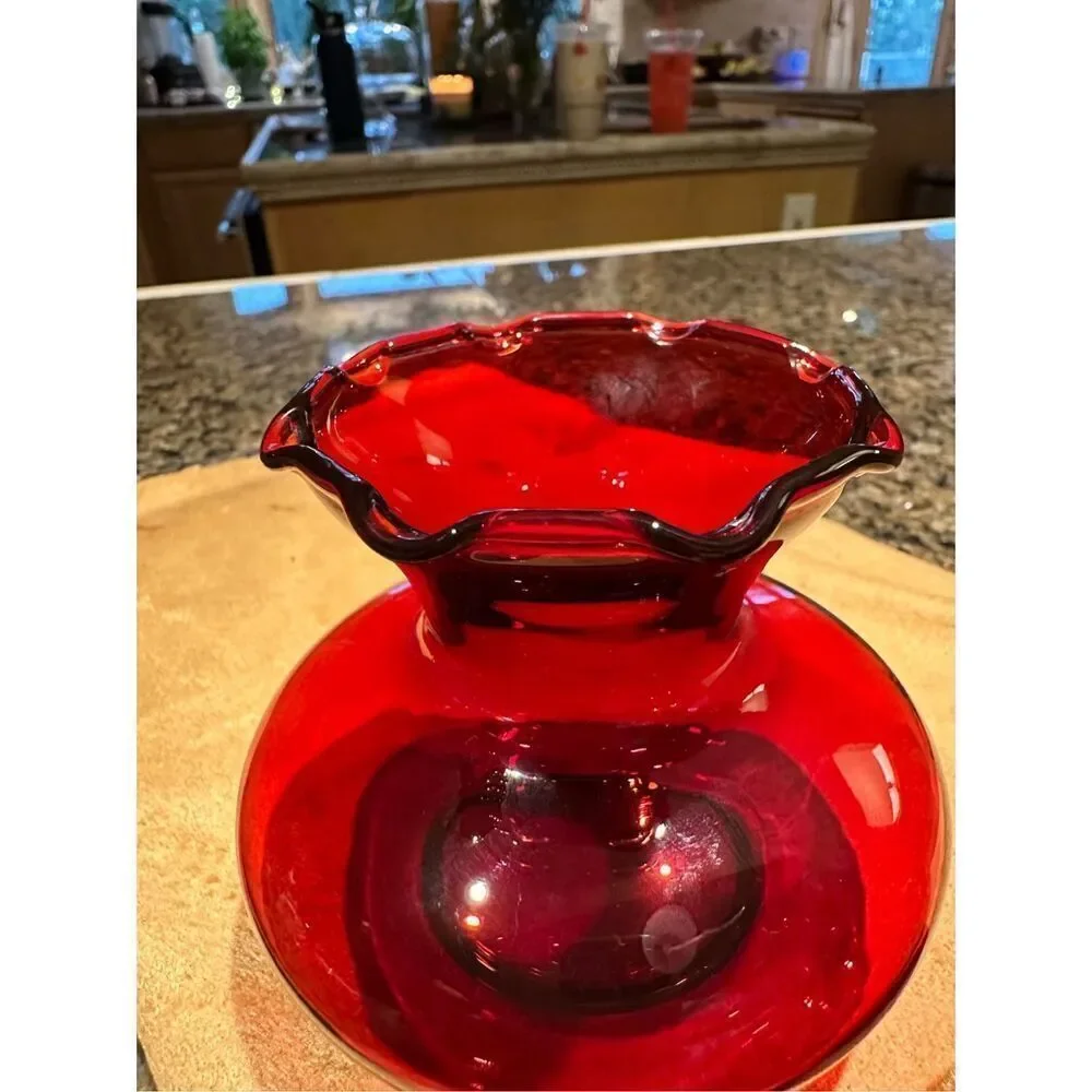 Vintage Anchor Hocking royal ruby crimped bud vases. Pair